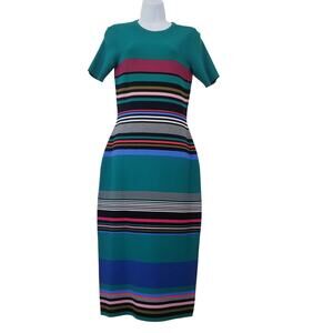 Diane Von Furstenberg Knit Striped Bodycon Midi Dress Crewneck Short Sleeves